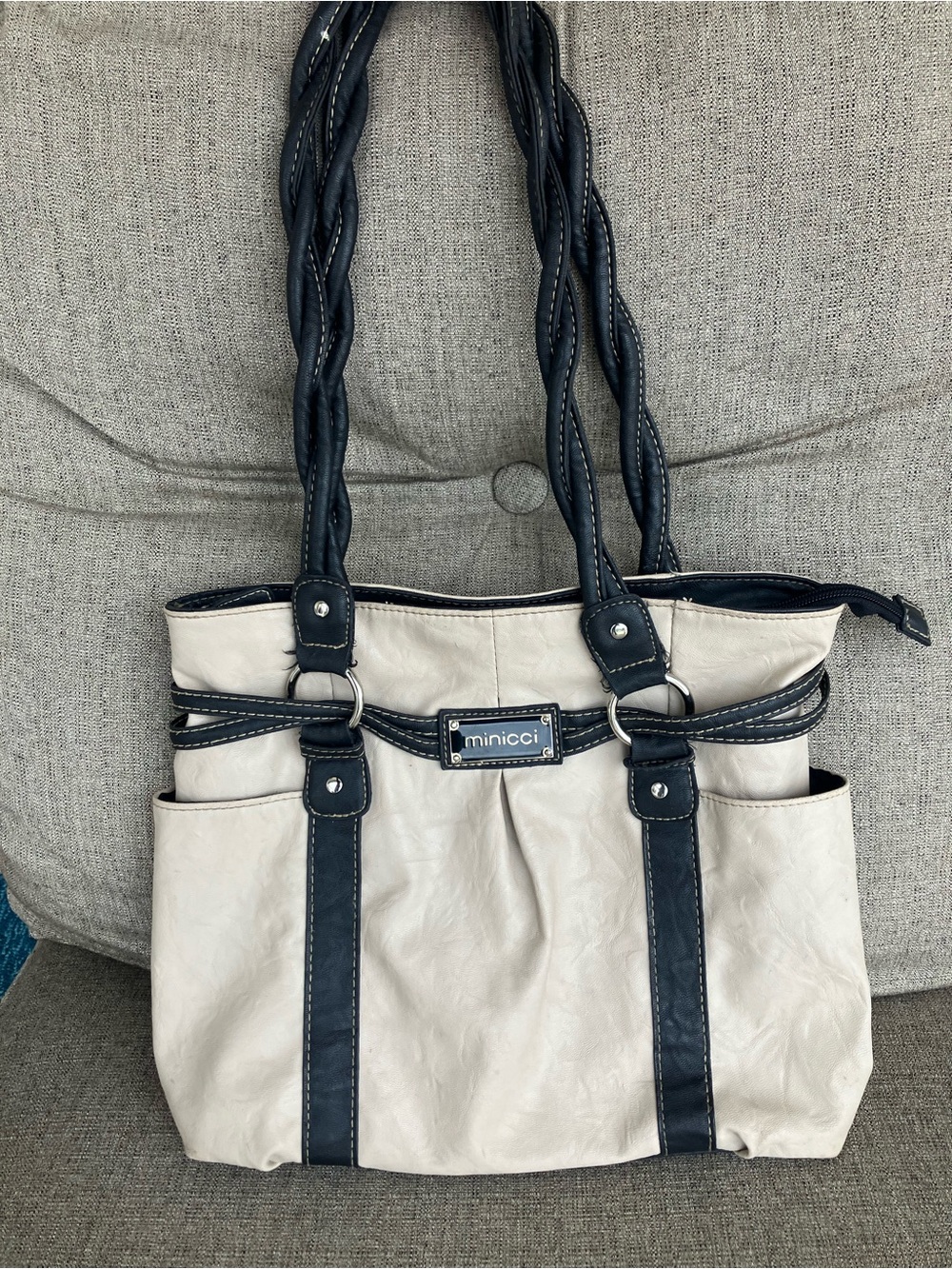 Minicci Cream and Black Contrast Tote with Braided Straps